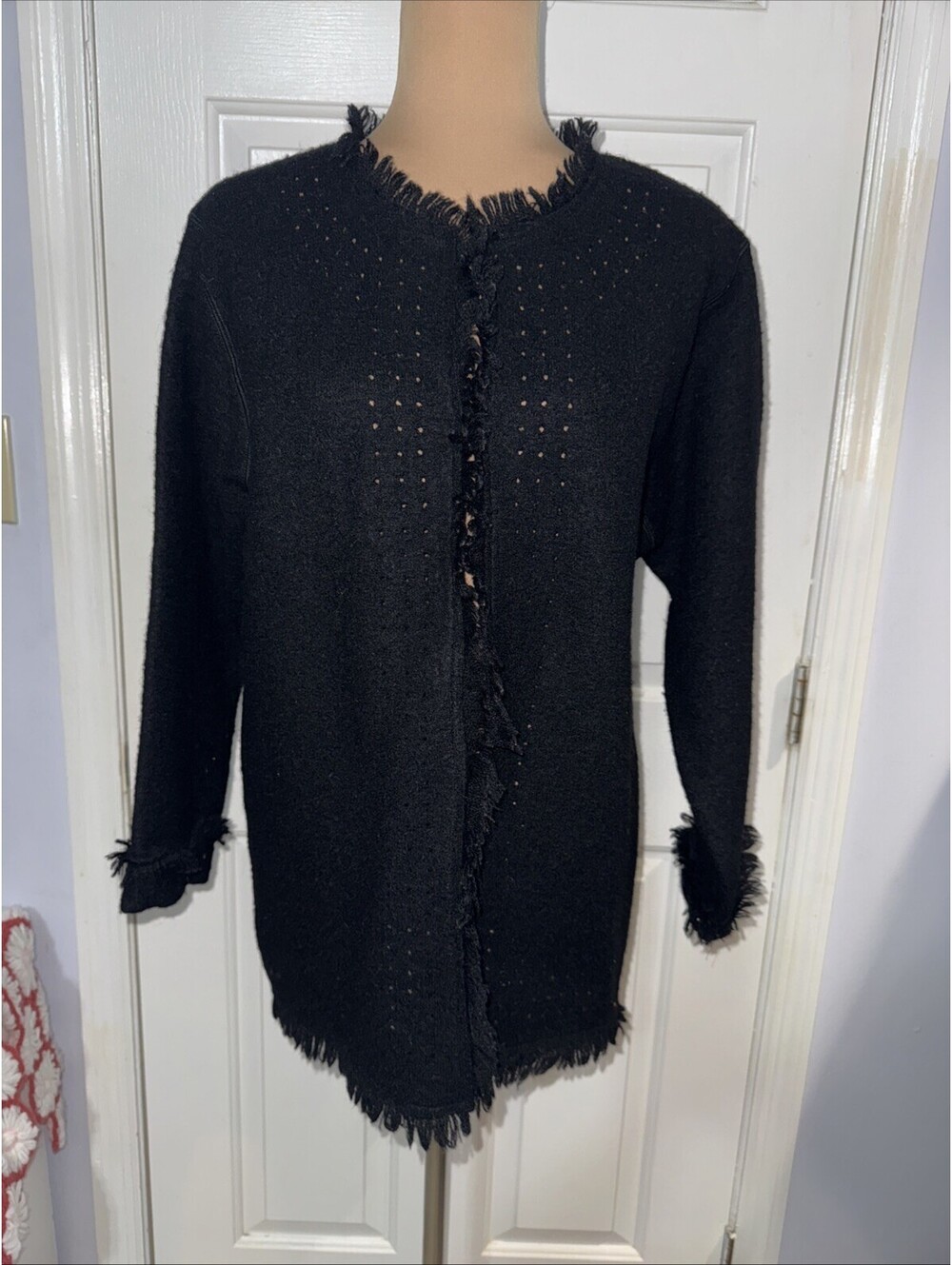 Susan Bristol Cardigan Women Size Large Black Wool Sweater Cardigan Fringe